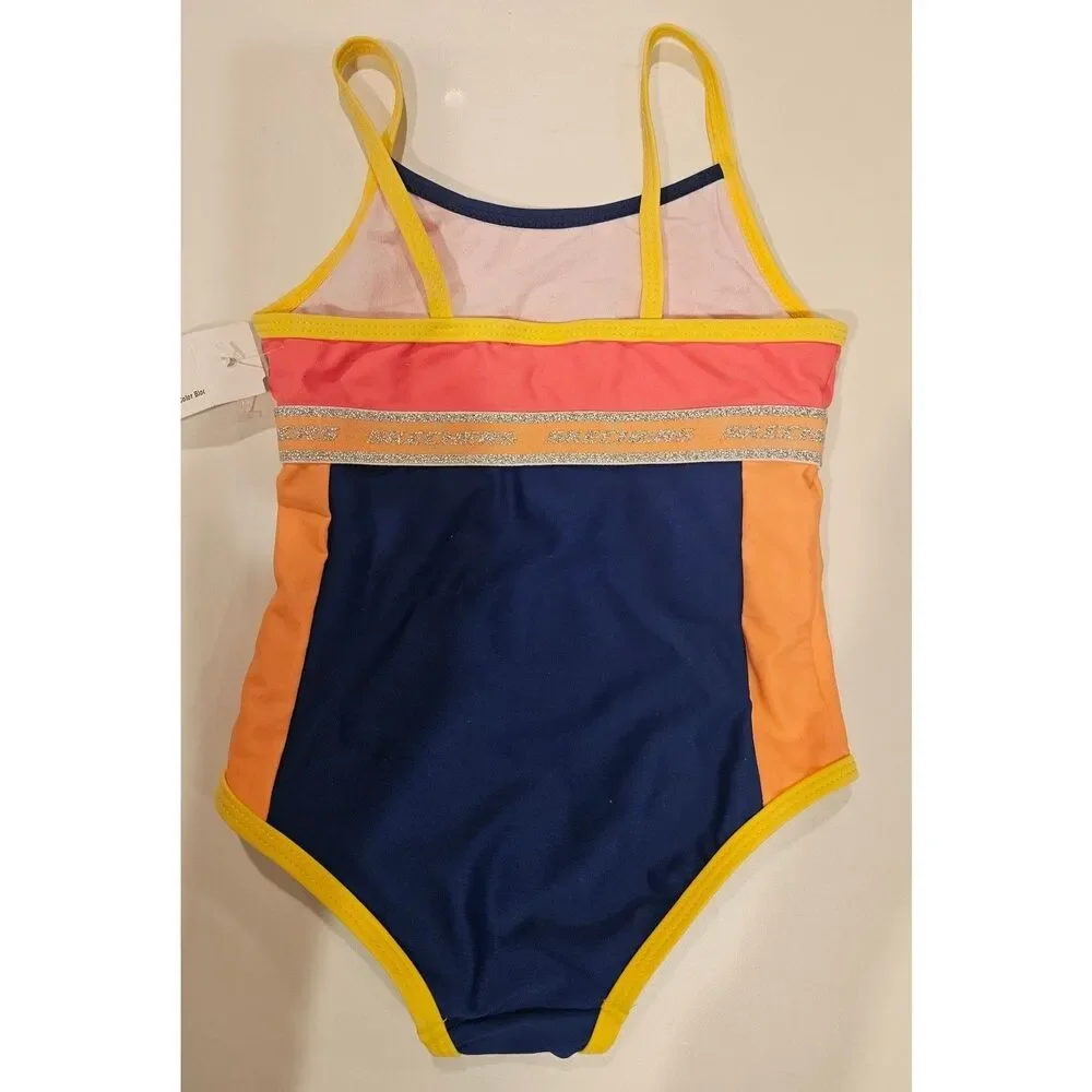 NWT Skechers Girls Pink Orange Blue One Piece Swim Bathing Suit UPF50, Size 24 M